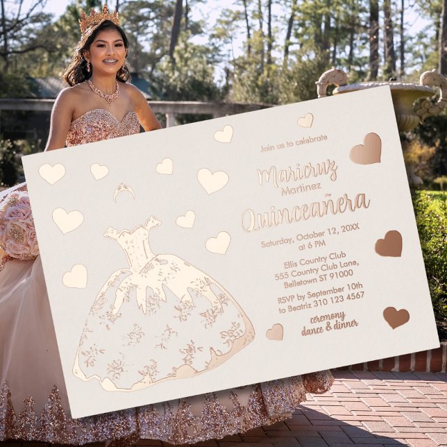 Invitación a Quinceañera de Corazones de Oro Rosa  (Subido por el creador)