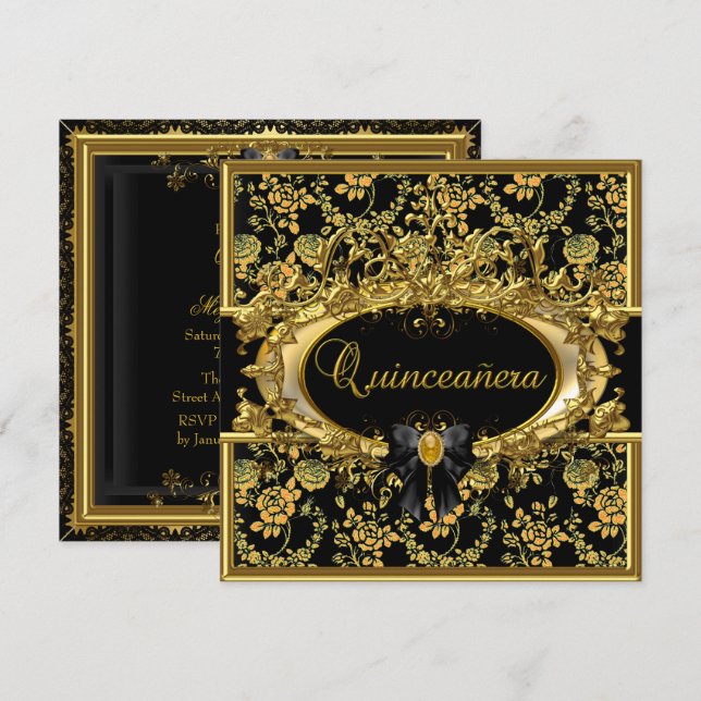 Invitación a Quinceanera de damasca floral dorada  (Anverso / Reverso)