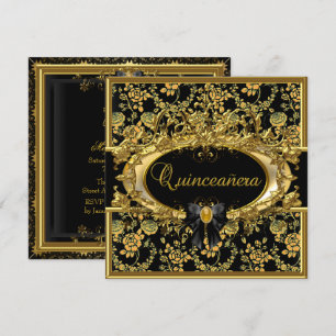 Invitación a Quinceanera de damasca floral dorada 