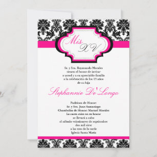 Invitación a Quinceanera de damasca rosa caliente