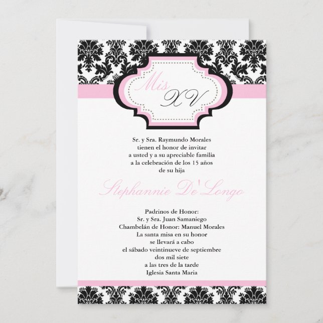 Invitación a Quinceanera de damasca rosa claro 5x7 (Anverso)