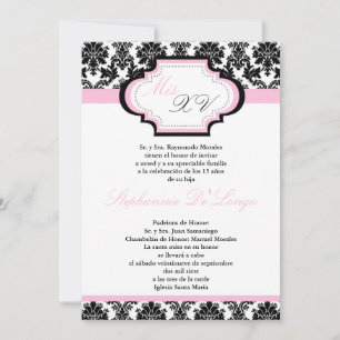 Invitación a Quinceanera de damasca rosa claro 5x7
