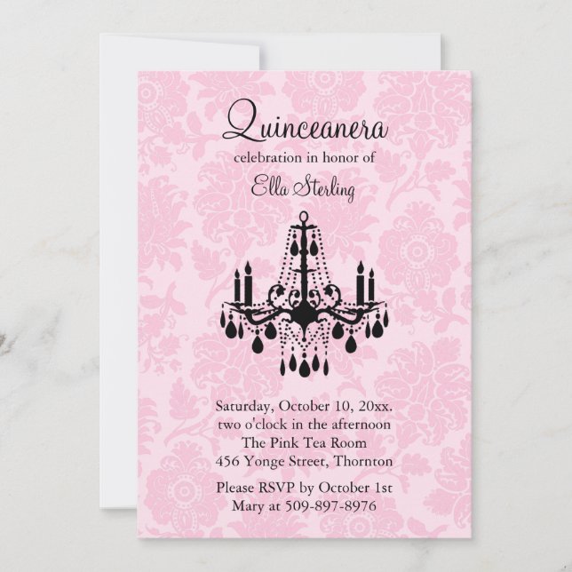 Invitación a Quinceanera de Damask Rosa (Anverso)