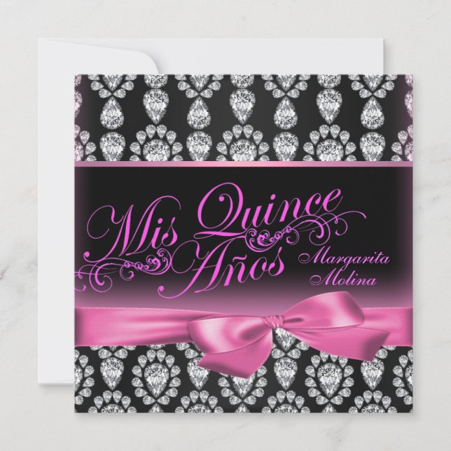 Invitación a Quinceanera de diamantes rosados/negr (Anverso)