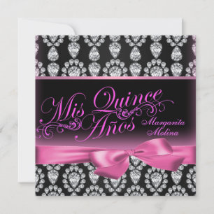 Invitación a Quinceanera de diamantes rosados/negr