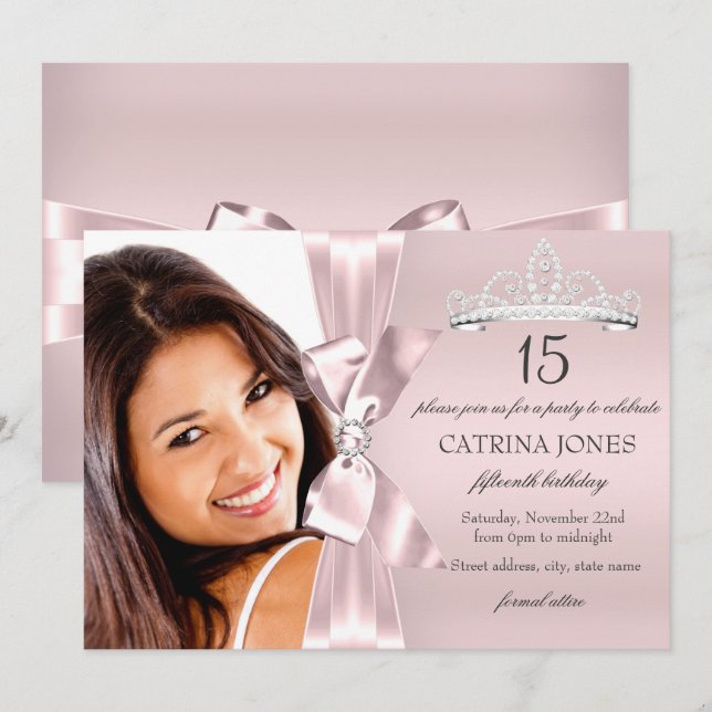 Invitación a Quinceanera de diamantes rosados y pl (Anverso / Reverso)