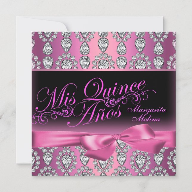 Invitación a Quinceanera de Diamantes y Bow Rosado (Anverso)