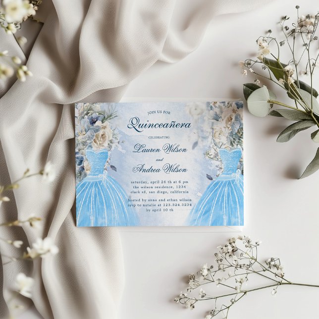 Invitación a Quinceañera de Dusty Blue Floral Twin (Subido por el creador)