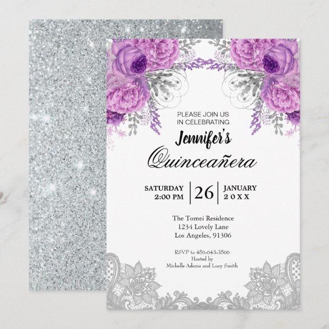 Invitación a Quinceanera de encaje floral (Anverso / Reverso)