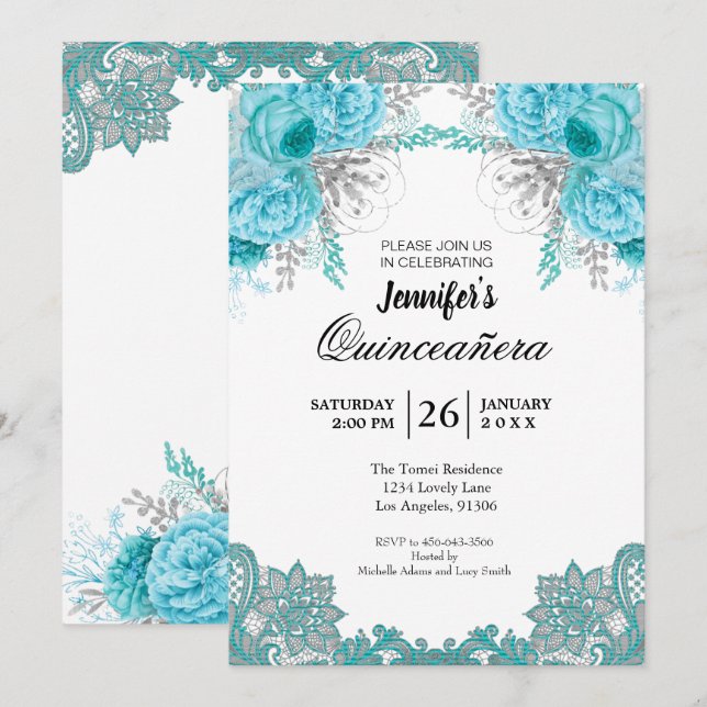 Invitación a Quinceanera de encaje floral (Anverso / Reverso)
