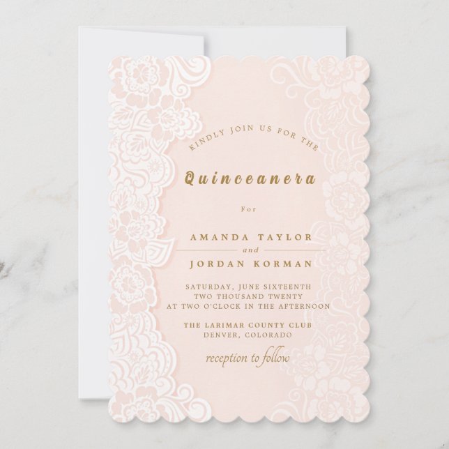 Invitación a Quinceanera de encaje floral rosa Rub (Anverso)