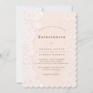 Invitación a Quinceanera de encaje floral rosa Rub