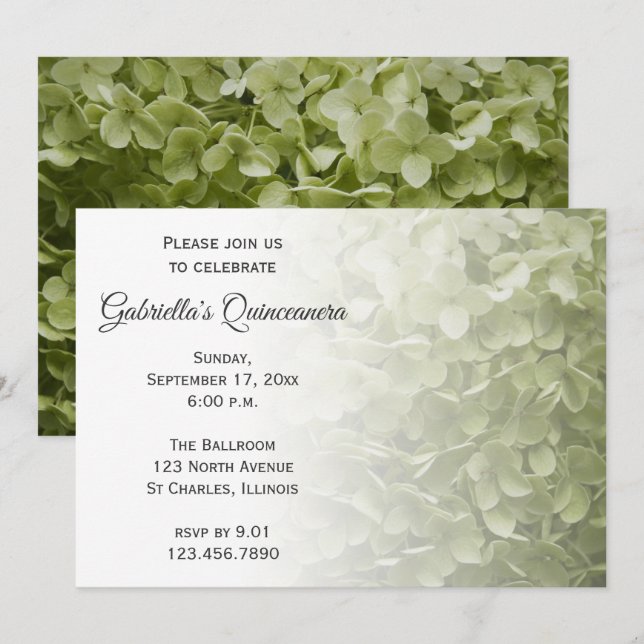 Invitación a Quinceanera de Flor de Hidrangea Verd (Anverso / Reverso)