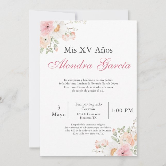 Invitación a Quinceañera de flor de primavera (Anverso)