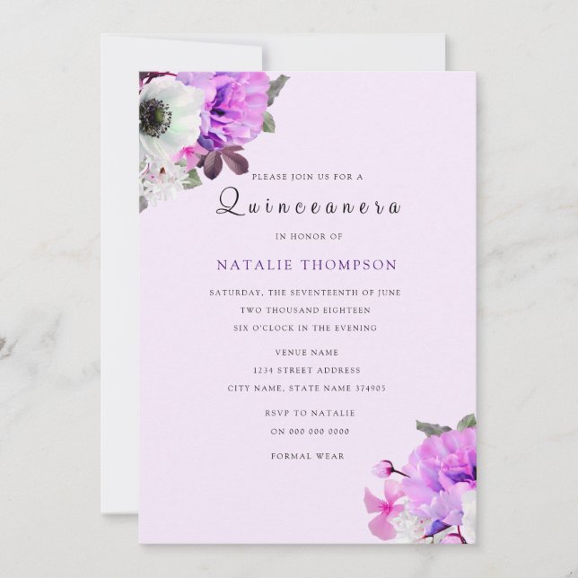 Invitación a Quinceanera de Flor Púrpura Vintage (Anverso)