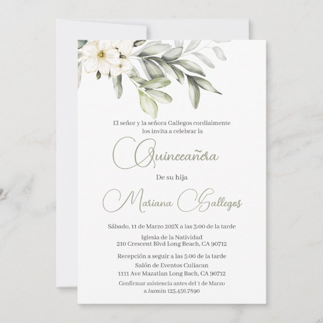 Invitación a Quinceanera de flor verde y blanca (Anverso)