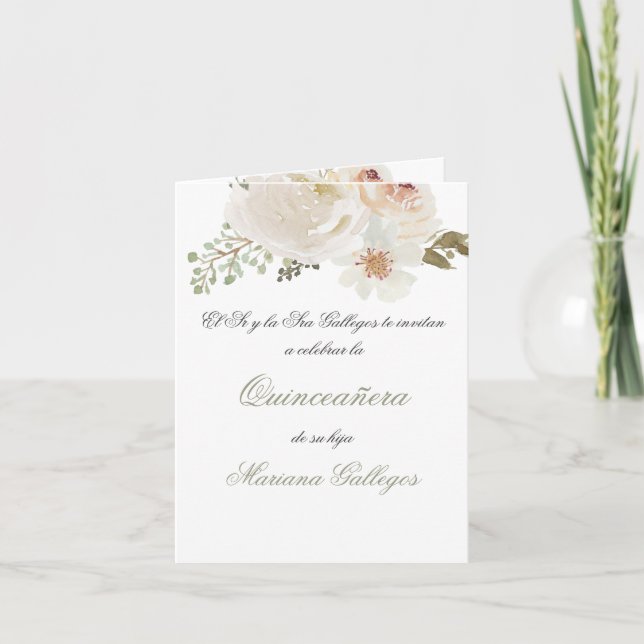 Invitación a Quinceanera de flor verde y blanca (Anverso)