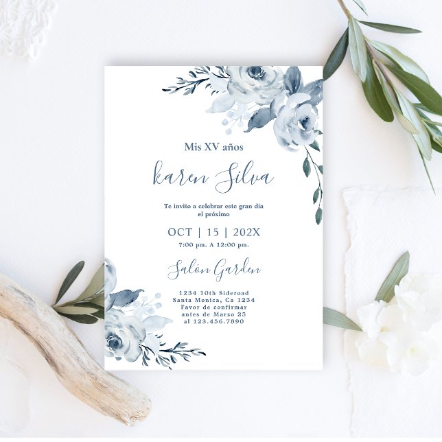 Invitación a Quinceanera de Floral Azul Dusty (Subido por el creador)
