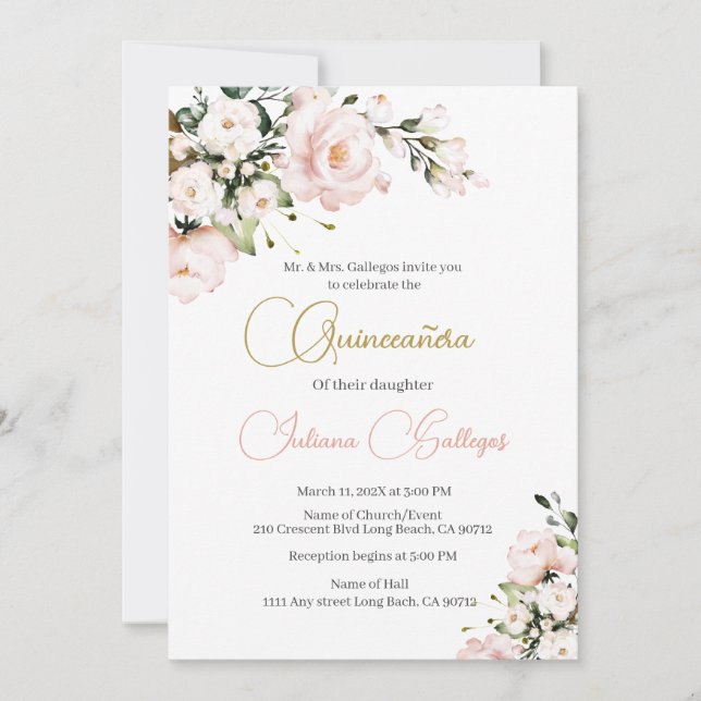 Invitación a Quinceanera de Floral Rosa (Anverso)
