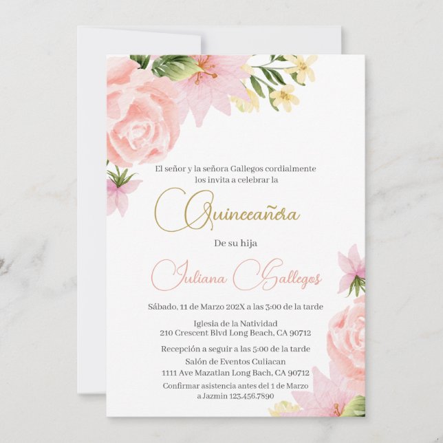 Invitación a Quinceanera de Floral Rosa Española (Anverso)