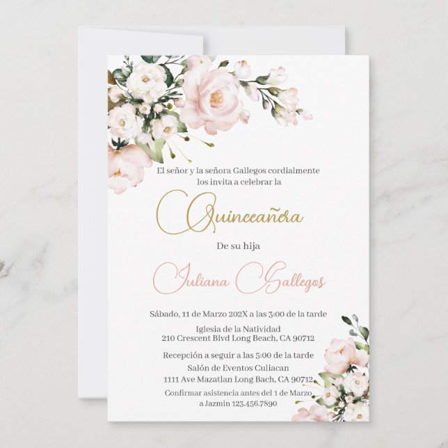 Invitación a Quinceanera de Floral Rosa Española (Anverso)