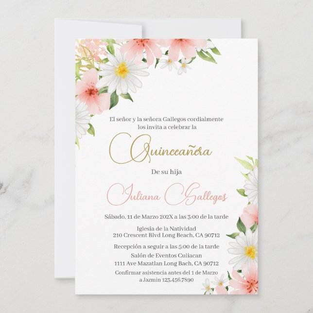 Invitación a Quinceanera de Floral Rosa Española (Anverso)