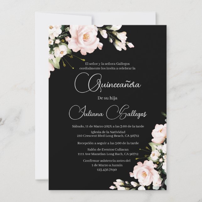 Invitación a Quinceanera de Floral Rosa Negra (Anverso)