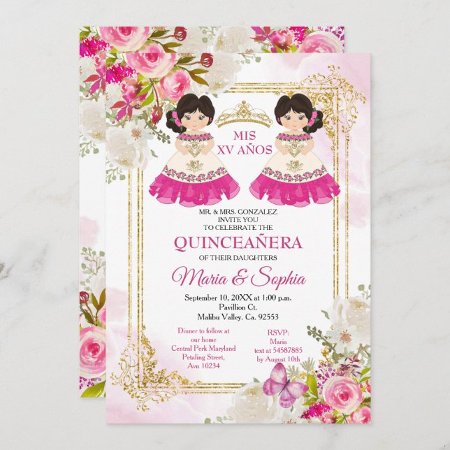 Invitación a Quinceañera de flores blancas y rosas (Anverso / Reverso)