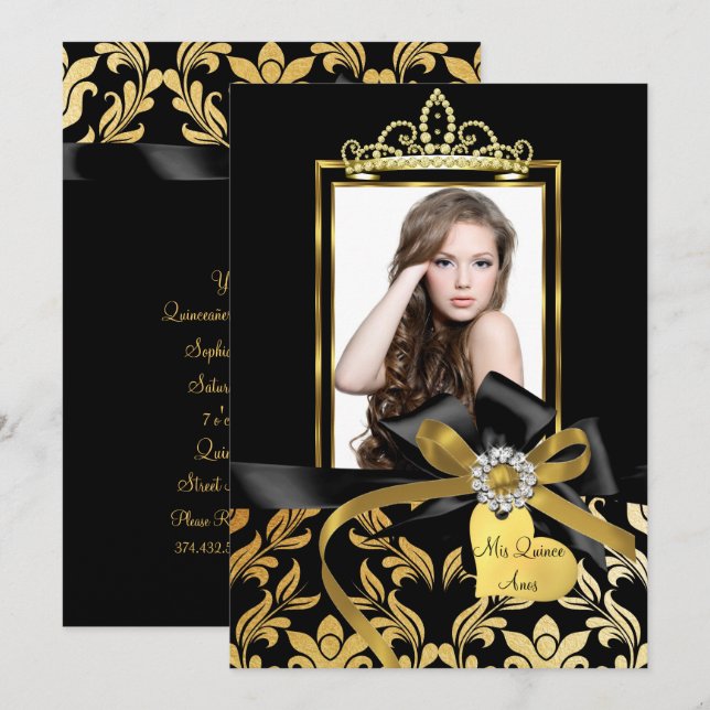 Invitación a Quinceanera de fotos de Damask Bow ne (Anverso / Reverso)