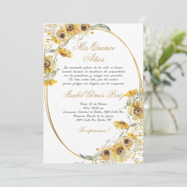 Invitación a Quinceañera de girasol (Anverso de pie)