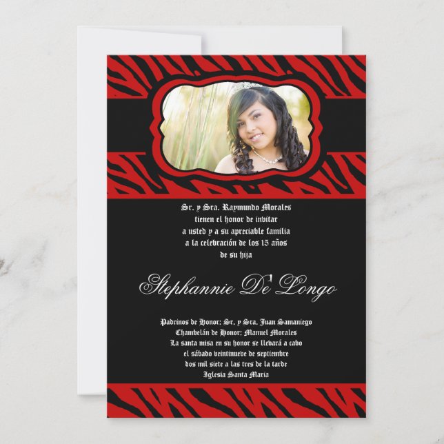 Invitación a Quinceanera de impresión de cebra roj (Anverso)