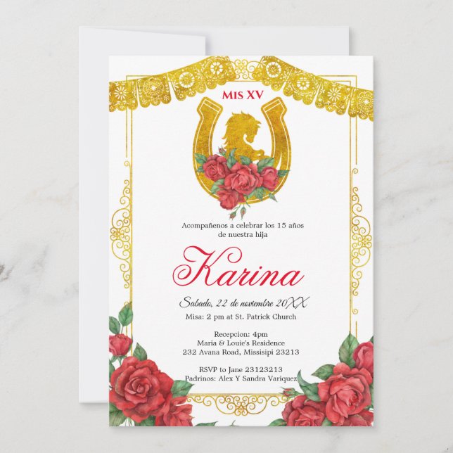 Invitación a Quinceanera de la Carra Mexicana Rosa (Anverso)