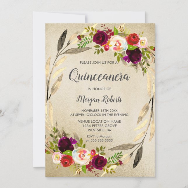 Invitación a Quinceanera de la flor dorada (Anverso)
