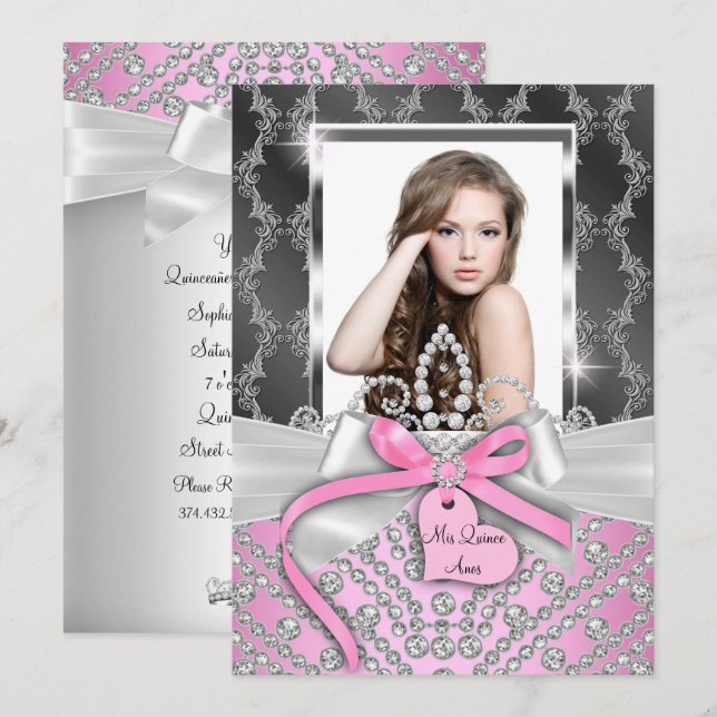 Invitación a Quinceanera de la foto de Bow de diam (Anverso / Reverso)
