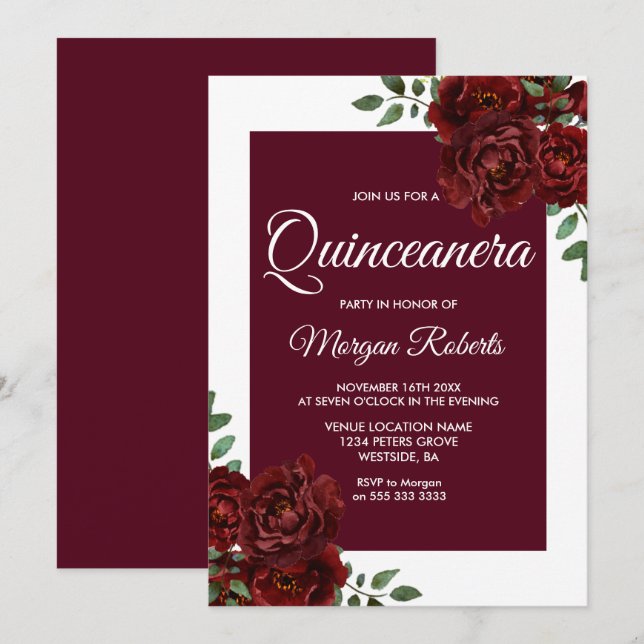 Invitación a Quinceanera de la frontera blanca Ros (Anverso / Reverso)
