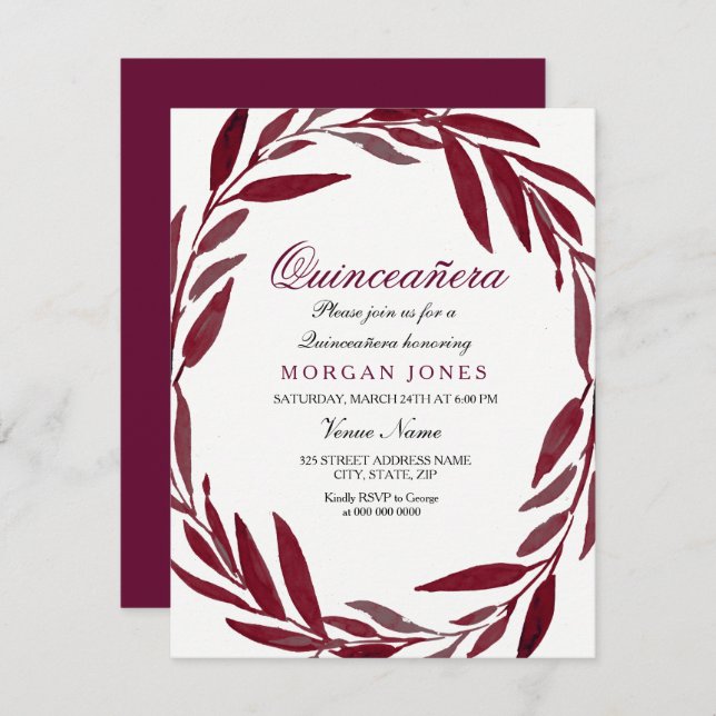 Invitación a Quinceanera de la hoja de borgoña (Anverso / Reverso)