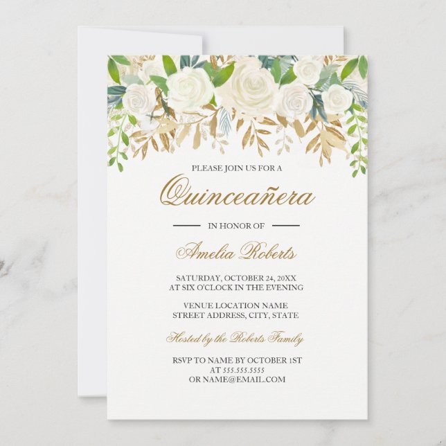 Invitación a Quinceanera de la Hoja Oral Dorada (Anverso)