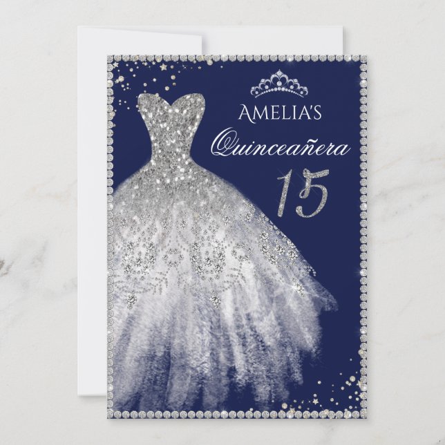 Invitación a Quinceanera de la Marina Plata Vestid (Anverso)