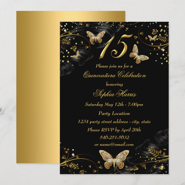 Invitación a Quinceanera de la mariposa negra de o (Anverso / Reverso)