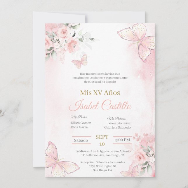 Invitación a Quinceanera de la mariposa rosa Rubor (Anverso)