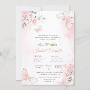 Invitación a Quinceanera de la mariposa rosa Rubor