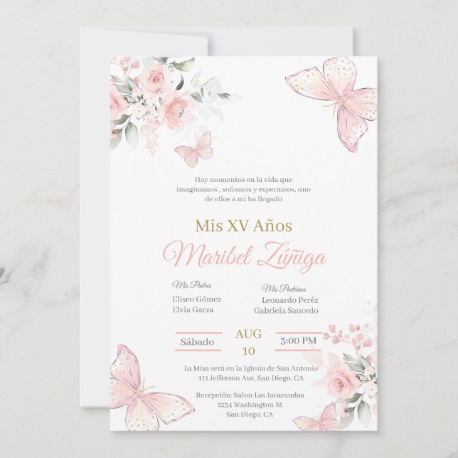 Invitación a Quinceanera de la mariposa rosa Rubor (Anverso)