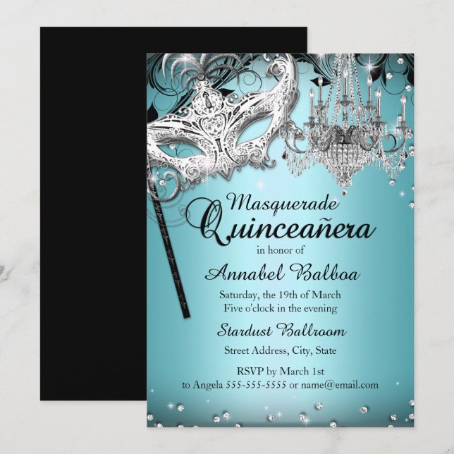 Invitación a Quinceanera de la mascarada de la lám (Anverso / Reverso)
