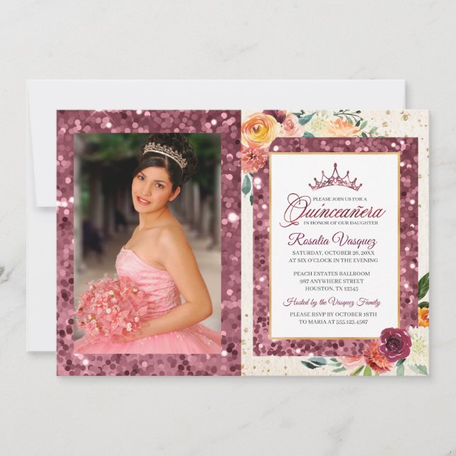 Invitación a Quinceanera de la secuencia floral de (Anverso)