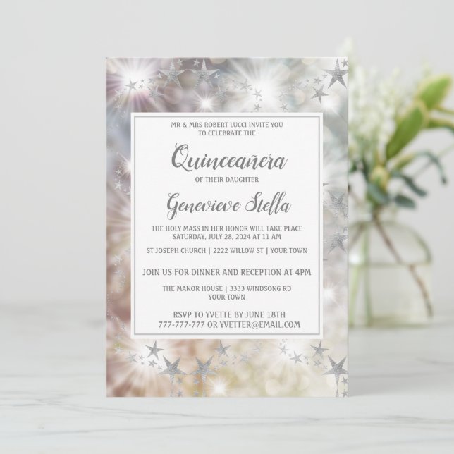 Invitación a Quinceanera de las estrellas de plata (Anverso de pie)