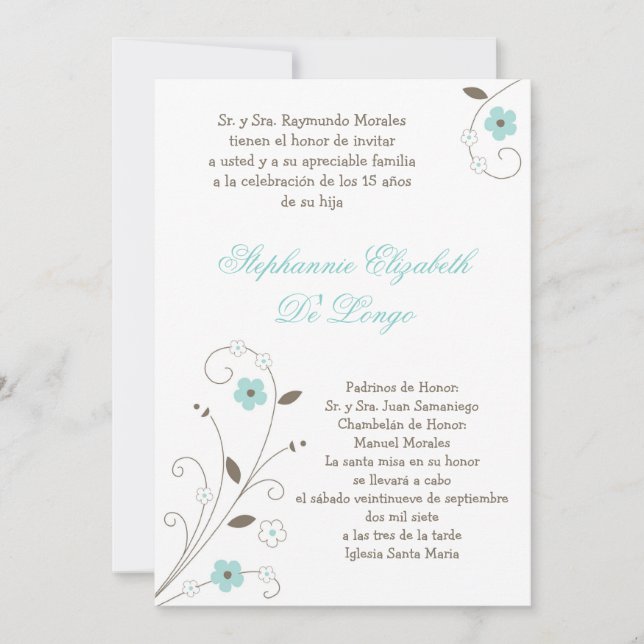 Invitación a Quinceanera de las flores azules de p (Anverso)