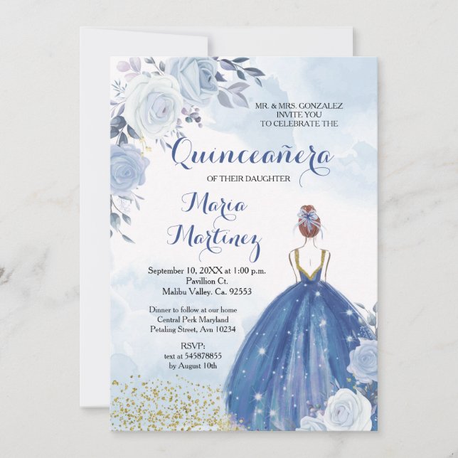 Invitación a Quinceañera de las flores azules del  (Anverso)