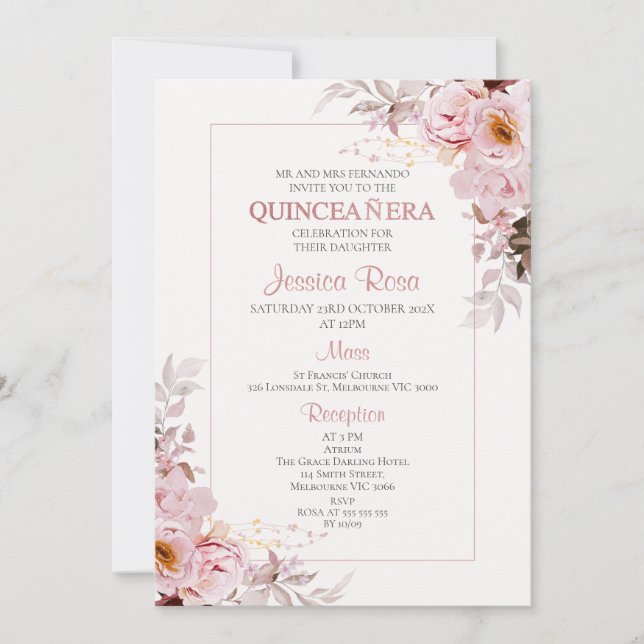 Invitación a Quinceañera de marco floral de Rubor  (Anverso)