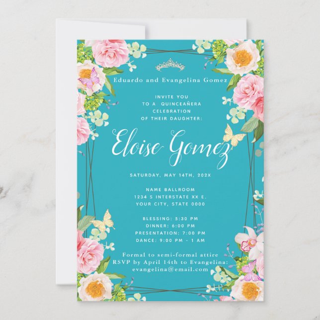 Invitación a Quinceanera de Mariposa Floral verde  (Anverso)