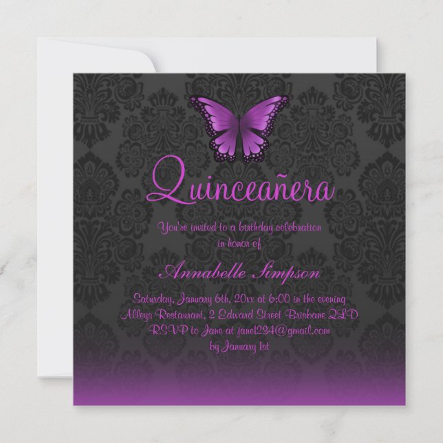 Invitación a Quinceanera de mariposa morada y dama (Anverso)